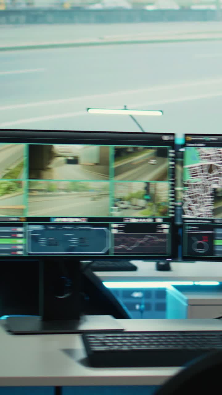 Diversi monitor di computer mostrano clip video di sorveglianza del traffico cittadino