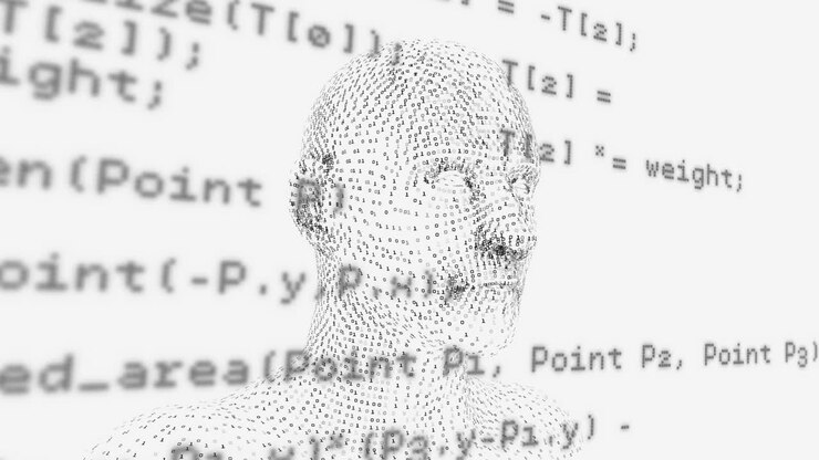 Animazione di umano digitale su elaborazione dati su sfondo bianco