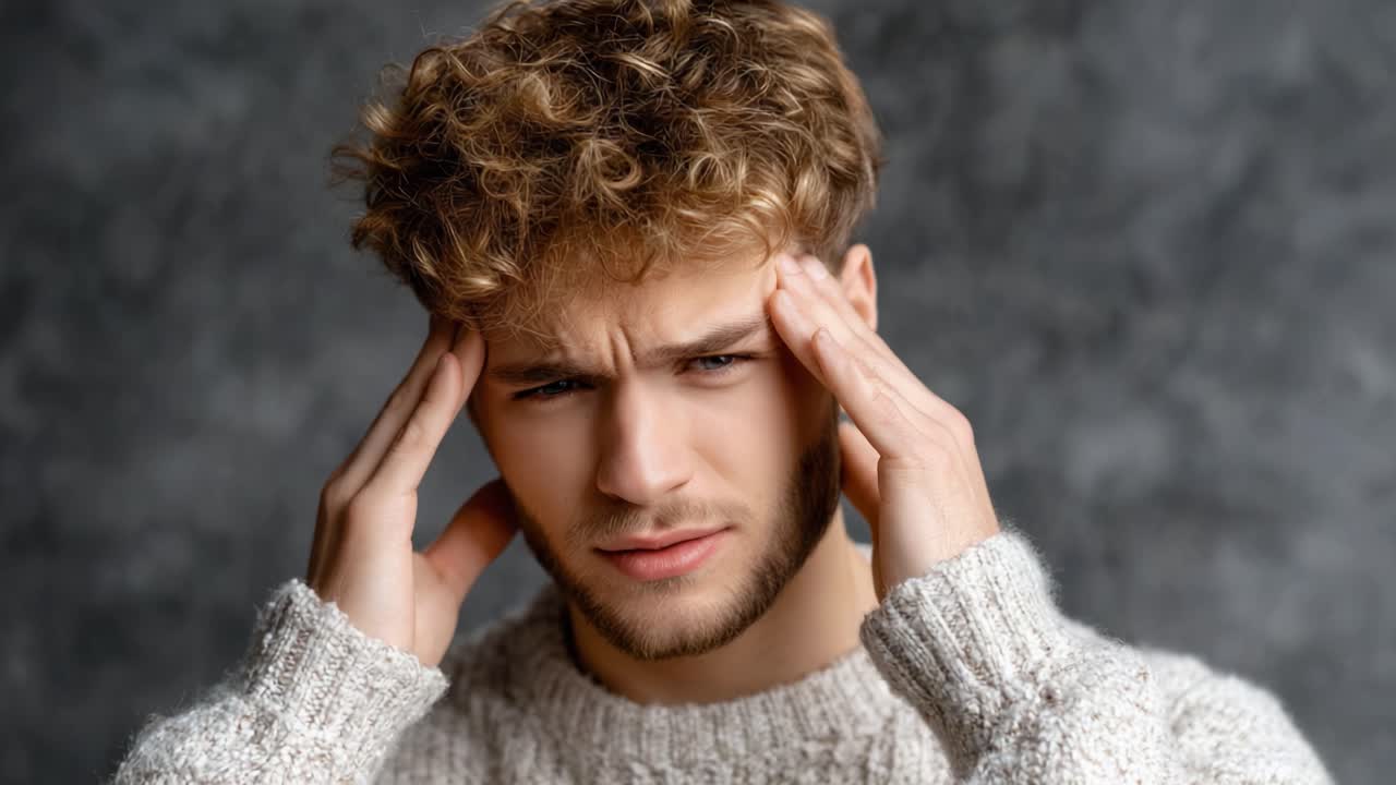 A Young Man Struggling with Stress and Discomfort, Depicting Feelings of Frustration and Anxiety with a Pained Expression while Holding His Head in a Cozy Sweater
