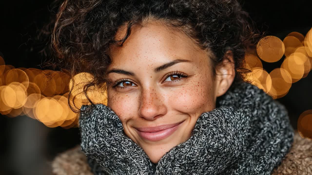 Captivating Expression: A Warm Smile Illuminated by Glowing Lights Captures the Essence of Joy and Contentment in a Cozy Atmosphere