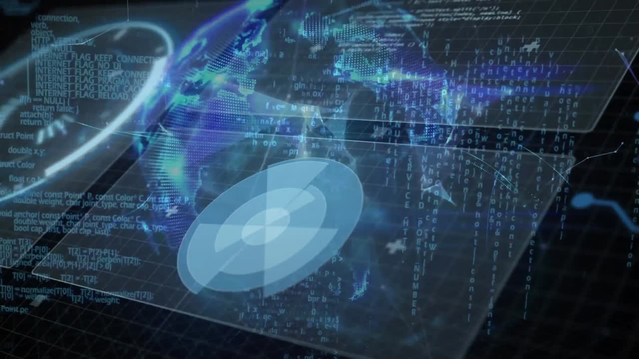 Animation of interface with data processing and globe of plexus networks against black background