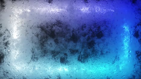 un rectángulo de neón brillante parpadea a través de una ventana brumosa. gota de agua en la ventana. bucle sin costuras 3d render
