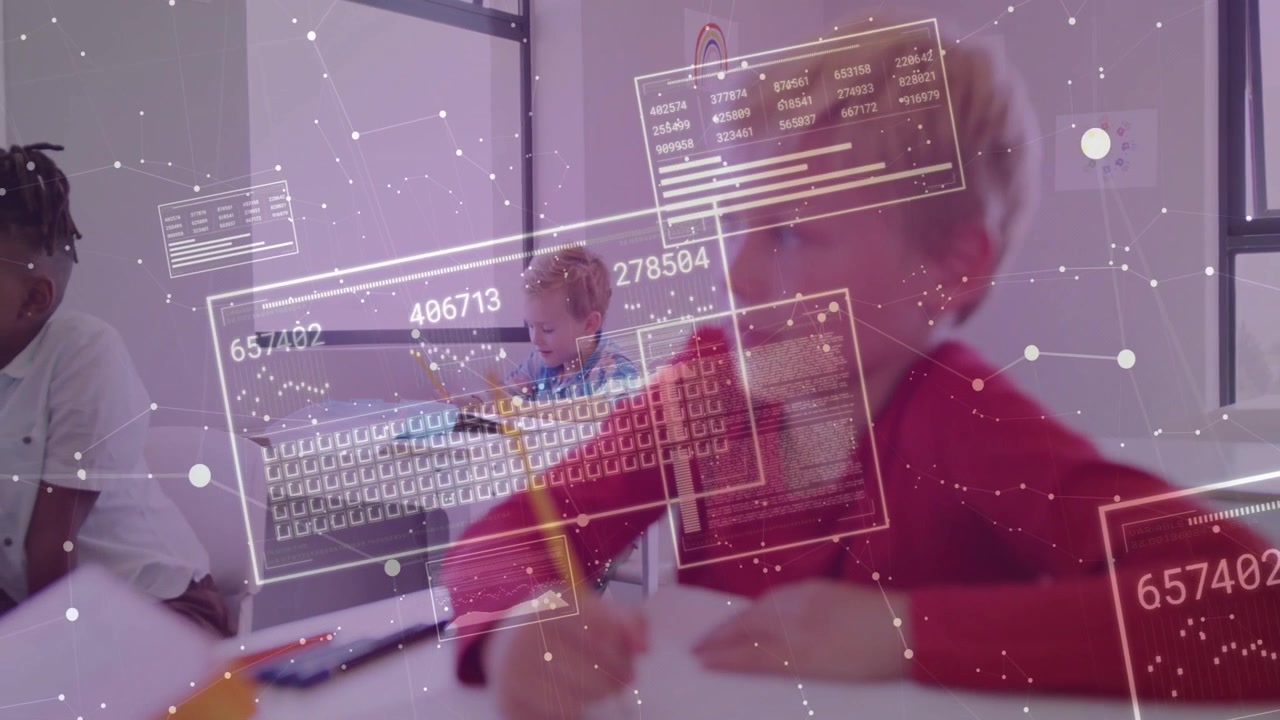 Ragazzo biondo con un maglione rosso che scrive e avvia sovrapposizioni di scansione didattica che tracciano i tratti della matita