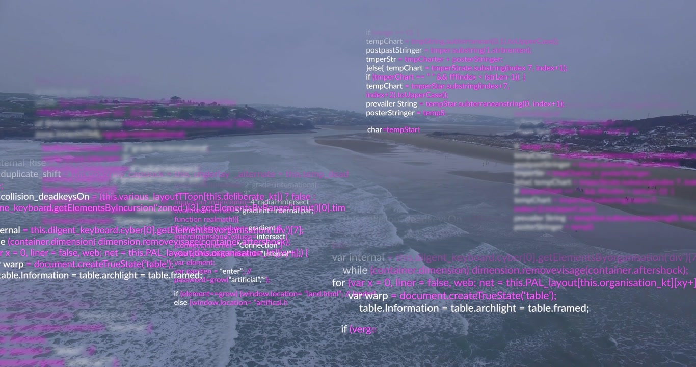 Aerial coastline flying forward, glitch starting magenta code drifting, stacking to show data