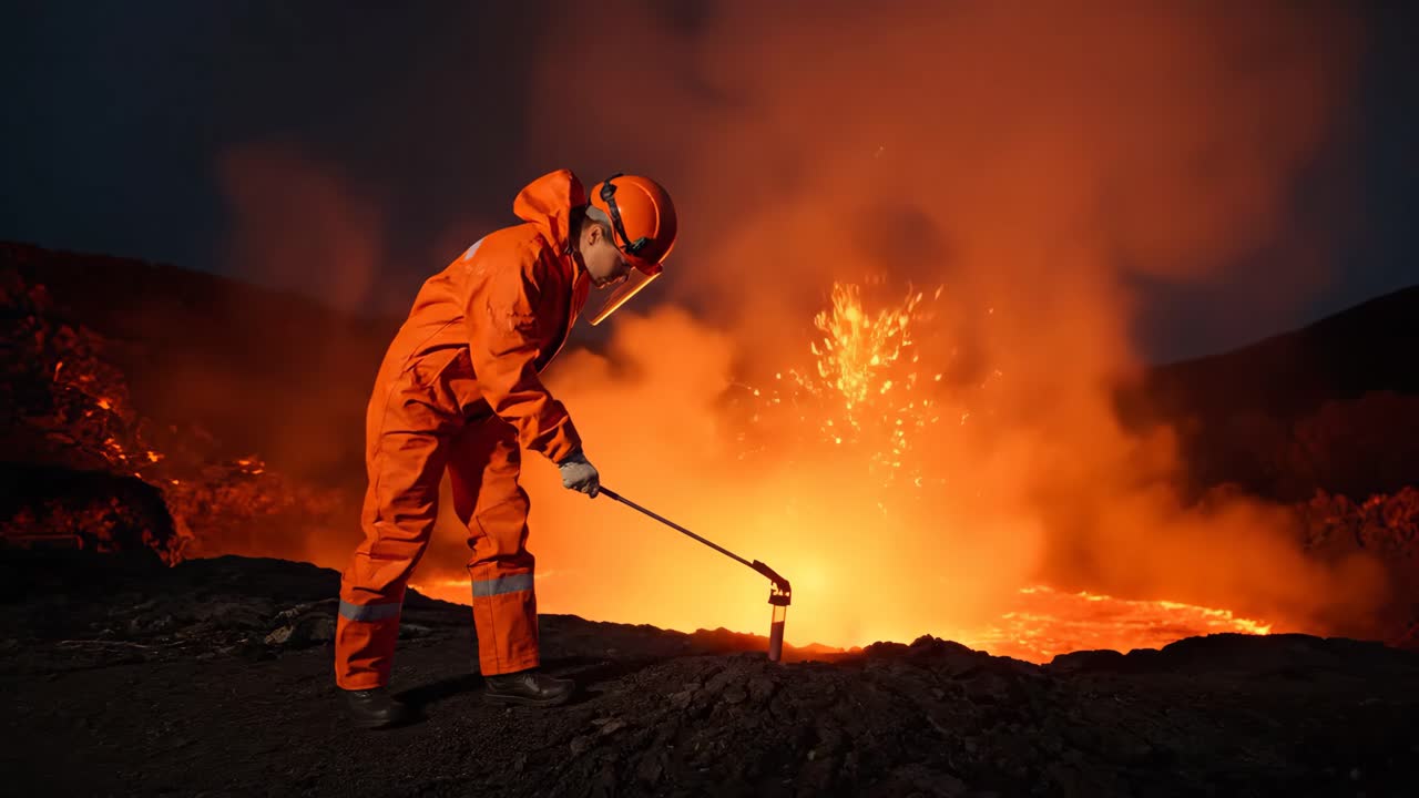 Scientist Examining Lava Flow at Night