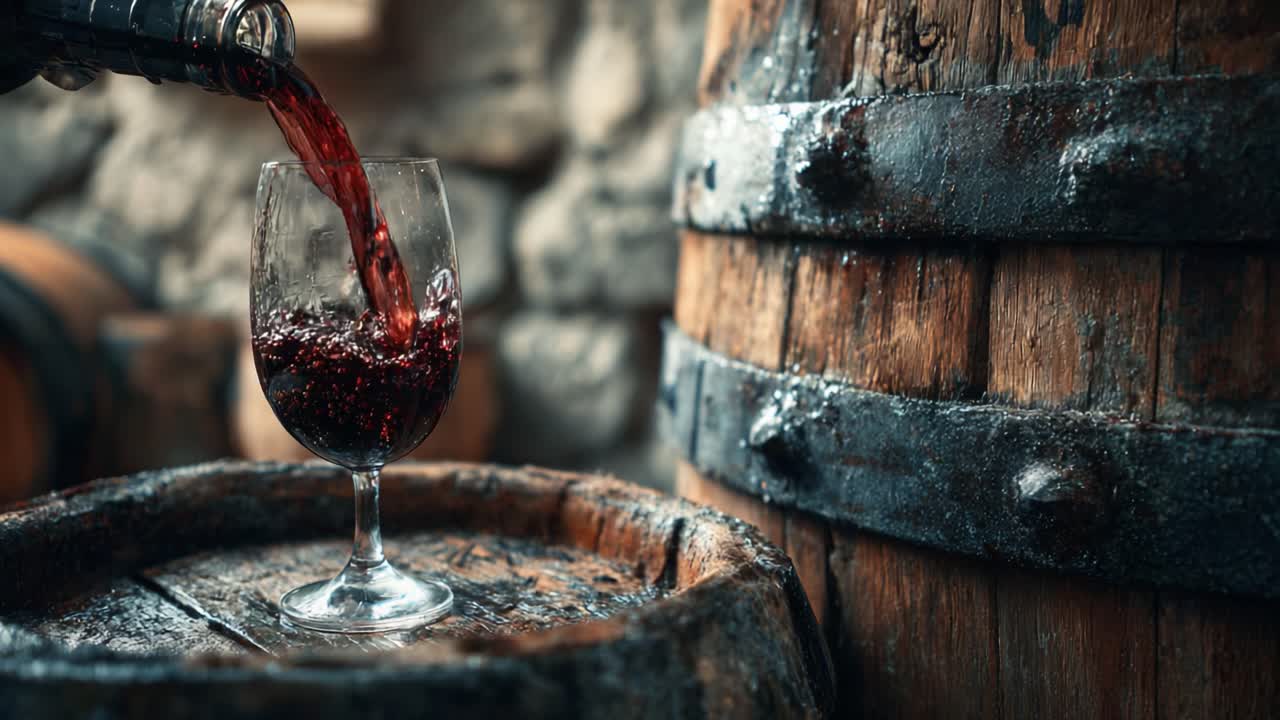 Um vinho tinto encorpado sendo servido em uma taça cercada por barris de madeira rústicos; capture a experiência da bebida artesanal em um ambiente de adega charmosa