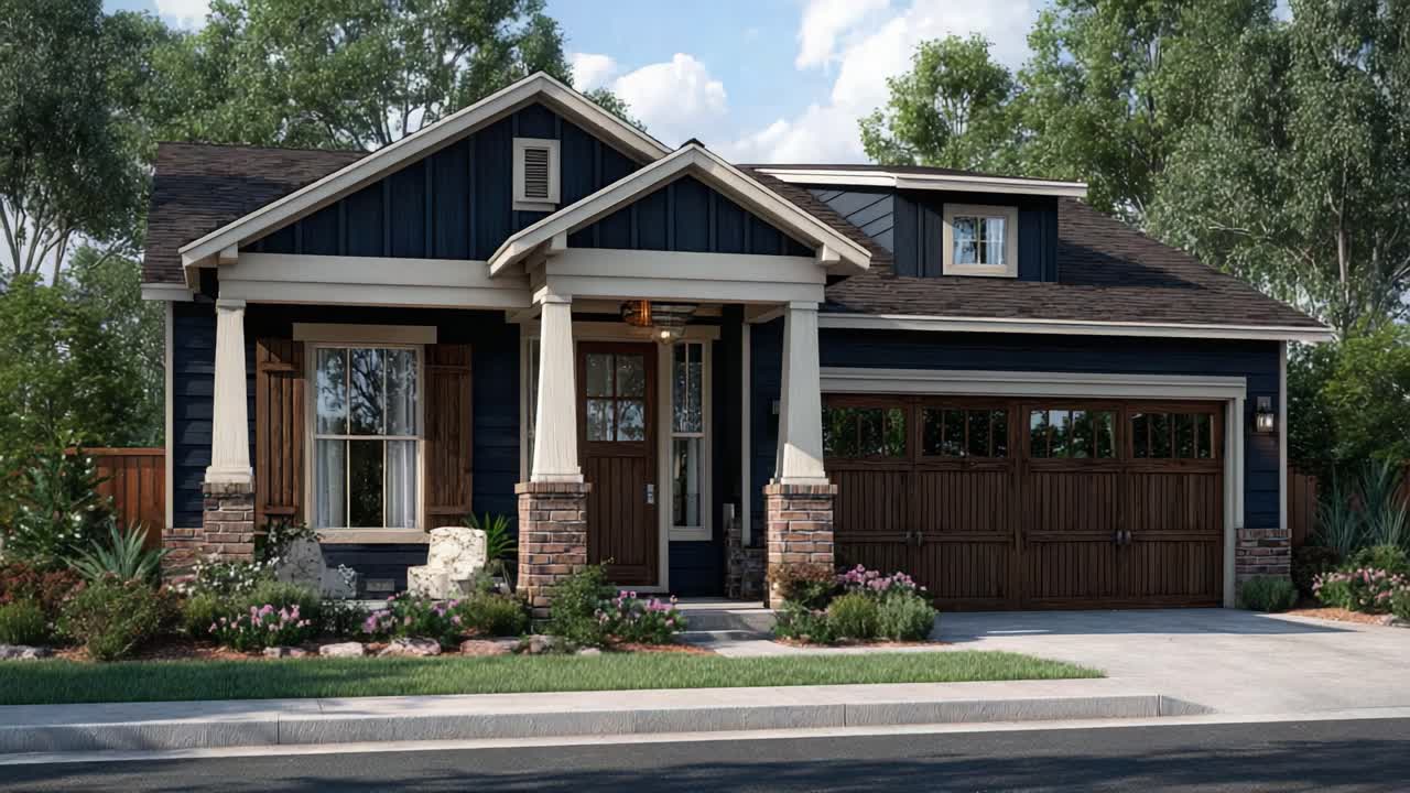 En smukt designet moderne husfacade med charmerende haveanlæg, der viser en stilfuld indgang og en indbydende garagedør