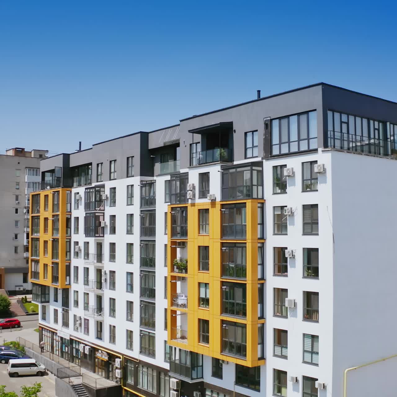 View of new apartment building. Aerial view of modern residential complex for young families