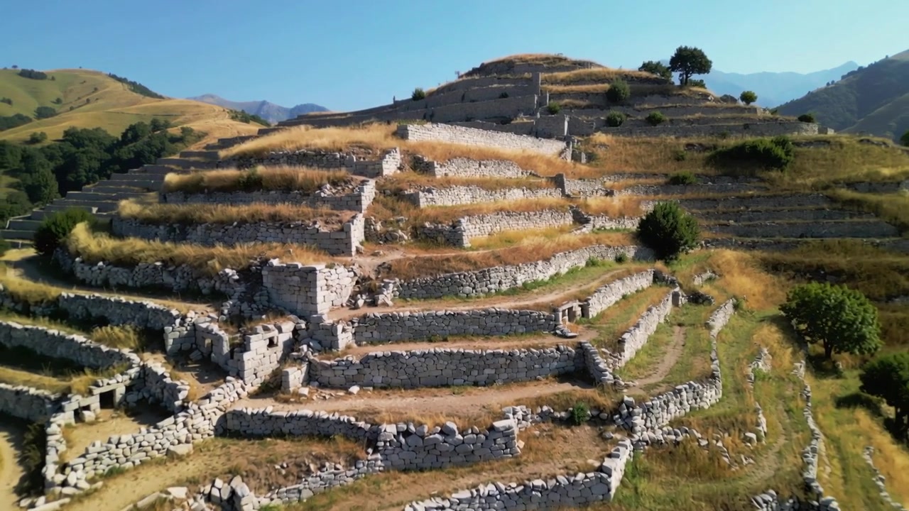 Drone che scende documentando rovine di una collina terrazzata in pietra su un pendio rurale, rivelando sentieri sterrati.