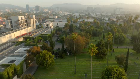 4k aerial of hollywood forever cemetery at sunrise, september 2024, los angeles, california, usa.