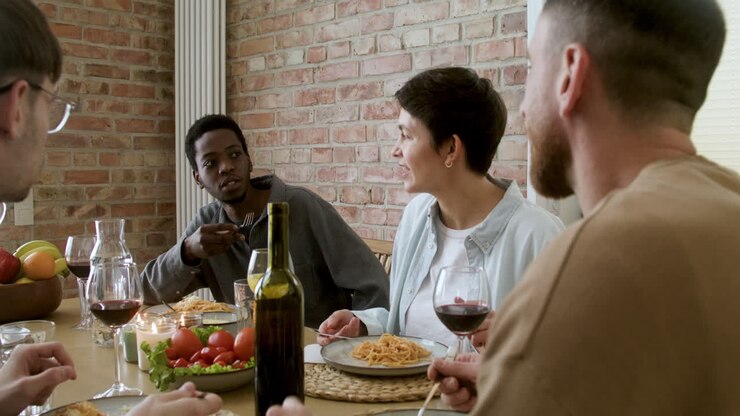 Friends having lunch indoors