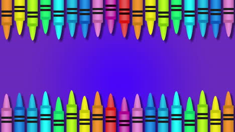 animación de colores crayones iconos escolares sobre un fondo púrpura.