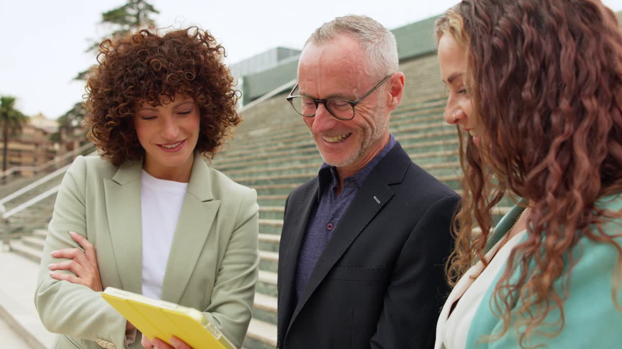 Business team collaborating outdoors