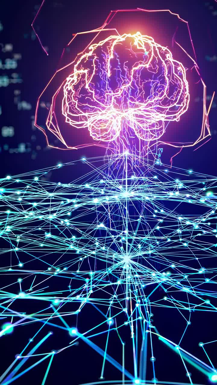 Futuristic video concept of a glowing brain with neural networks, captured from a low angle