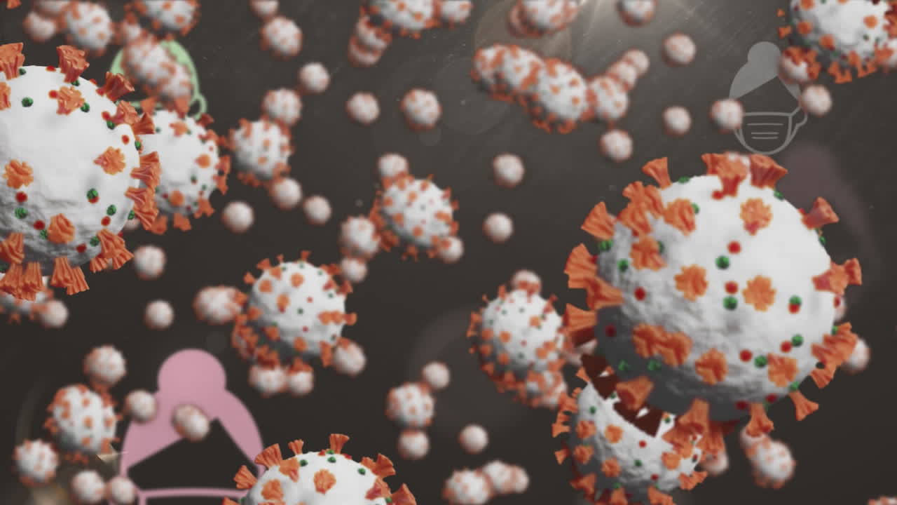 animación de iconos y células de covid 19 voladores en un fondo oscuro