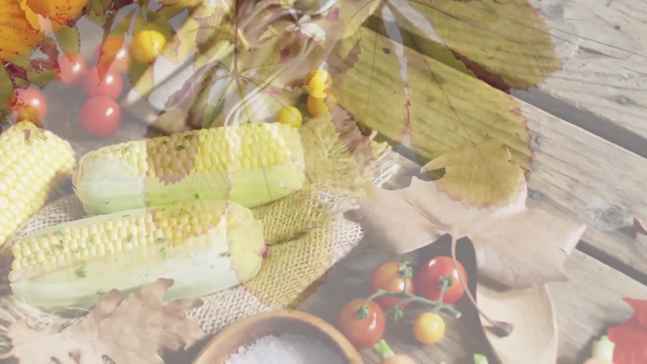 animación de hojas sobre verduras y especias sobre fondo de madera.