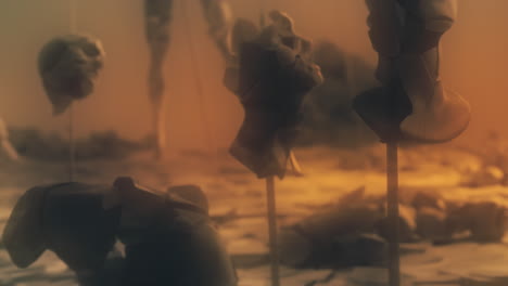 destroyed andorids on a junkyard in yellow light