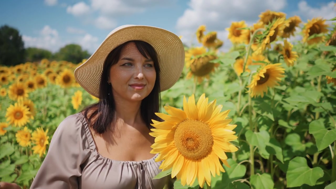 Primo piano di una donna con cappello a tesa larga e top chiaro in piedi tra i girasoli. La donna interagisce con i fiori tenendone uno vicino al viso mentre è circondata da alti steli verdi