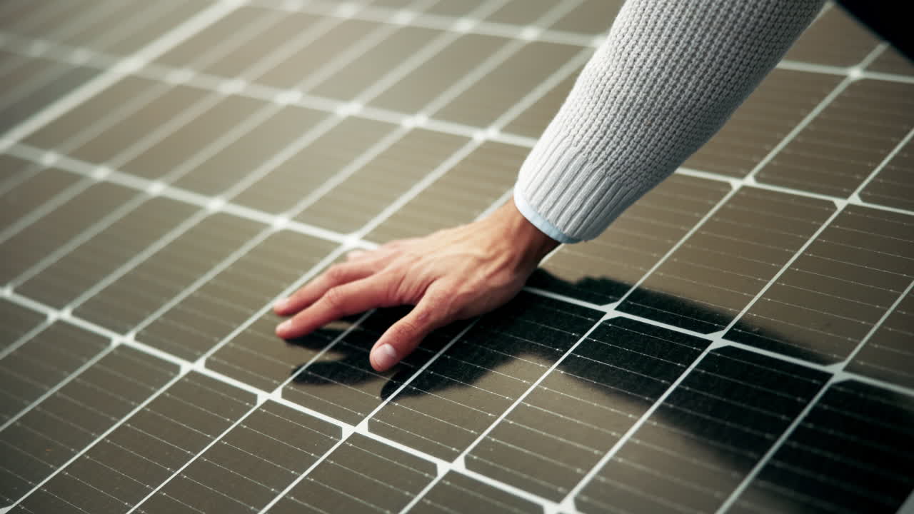 태양광 패널을 만지는 손