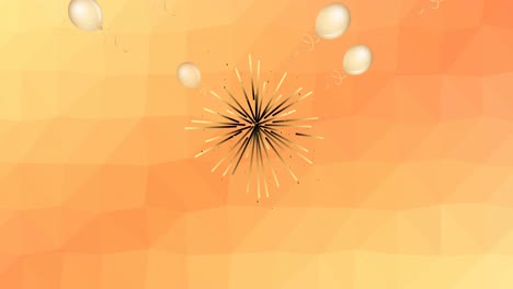 Animation-of-fireworks-exploding-with-white-balloons-on-orange-background