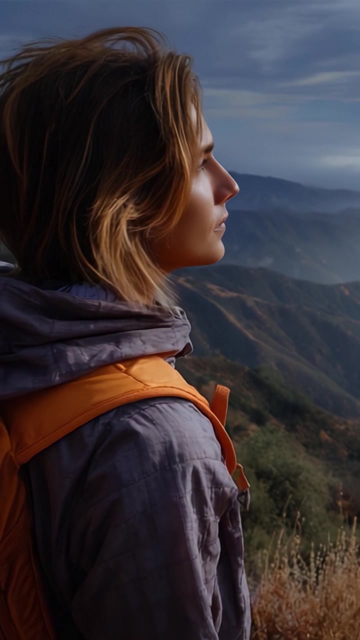 Momento contemplativo nella natura: un profilo di uno zaino in spalla che ammira panorami montani mozzafiato sotto un cielo dinamico durante un viaggio avventuroso.