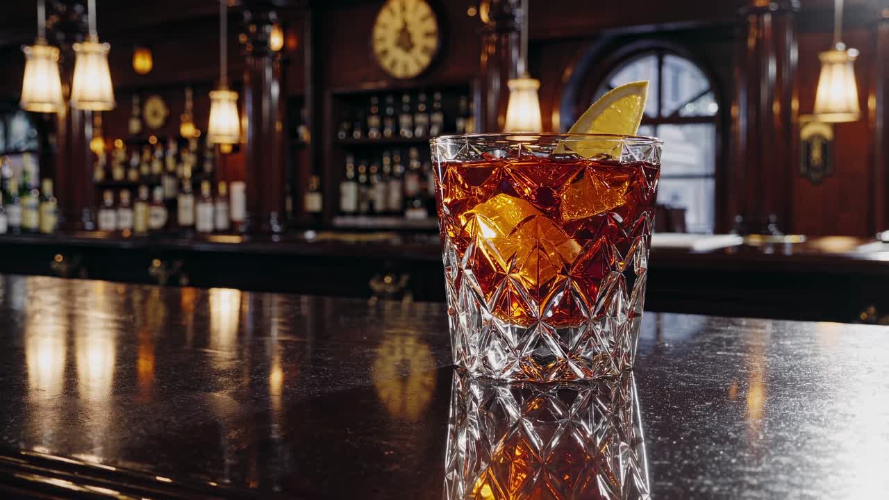 Crystal glass holding a negroni cocktail garnished with a twist of orange peel resting on a bar counter in a luxurious pub, reflecting beautifully on the polished surface