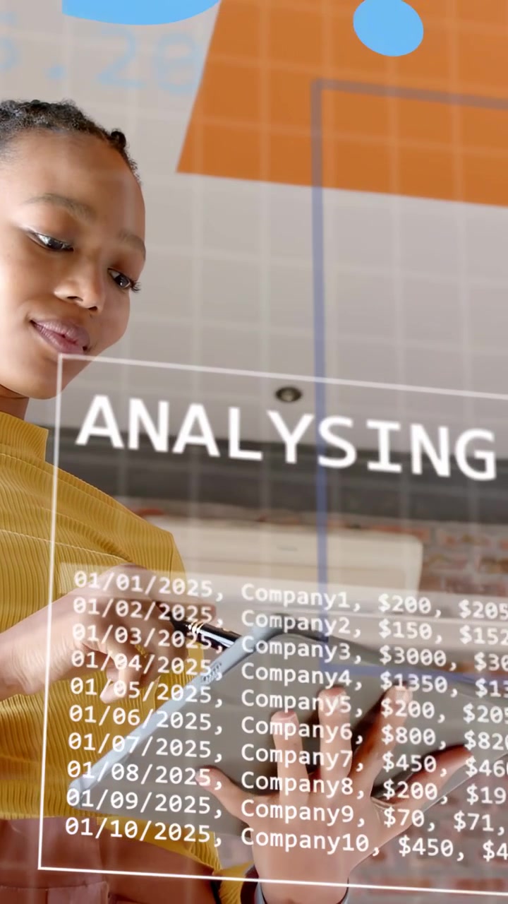 Vertical video: Analyst tapping tablet, swiping stylus, starting finance overlays moving, analyzing