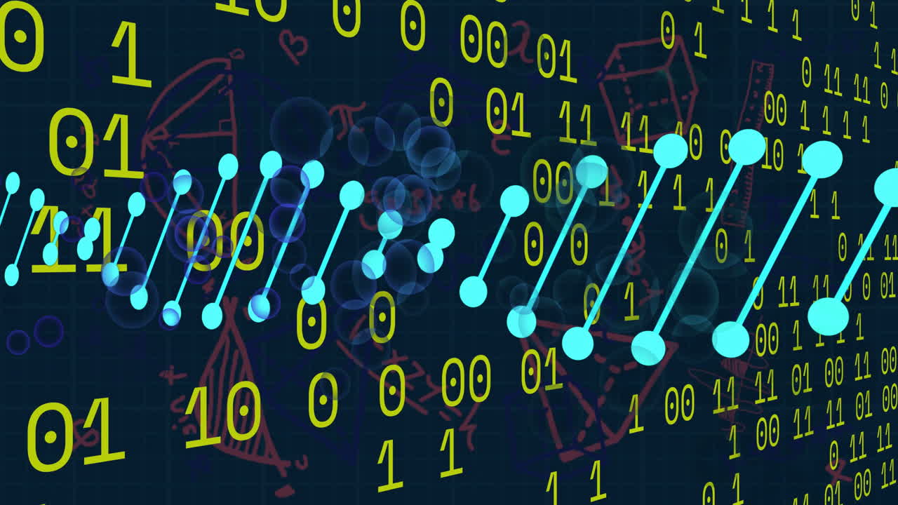 Animation of dna strands over data processing and mathematical equations on black background