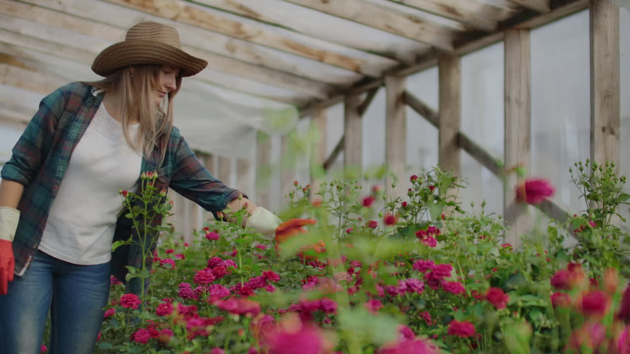 Happy woman with flowers in greenhouse. People gardening and profession concept - happy woman with flowers in greenhouse