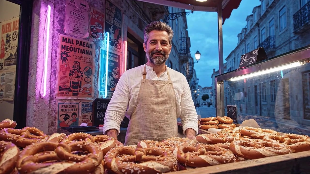Un venditore sorridente espone con orgoglio pretzel appena sfornati in un vivace mercato di strada, mostrando una varietà di deliziosi prodotti da forno su uno sfondo colorato.