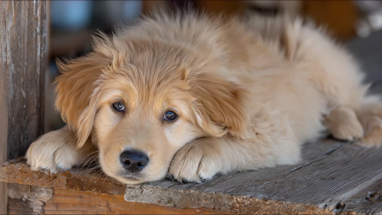 Charming Golden Retriever Puppy Resting with Adorable Expressions and Soft Fluffy Fur, Captured in Heartwarming Frames of Playfulness