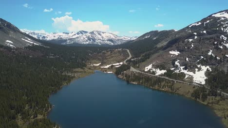 aerial perspective over ellery lake near yosemite national park