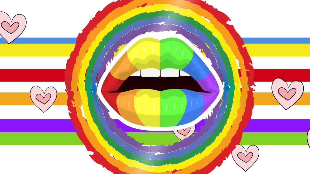 animación de labios de arco iris en círculo y corazones sobre la bandera del arco iris sobre fondo blanco