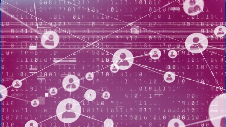 Animation of network of profile icons over binary coding data processing against pink background