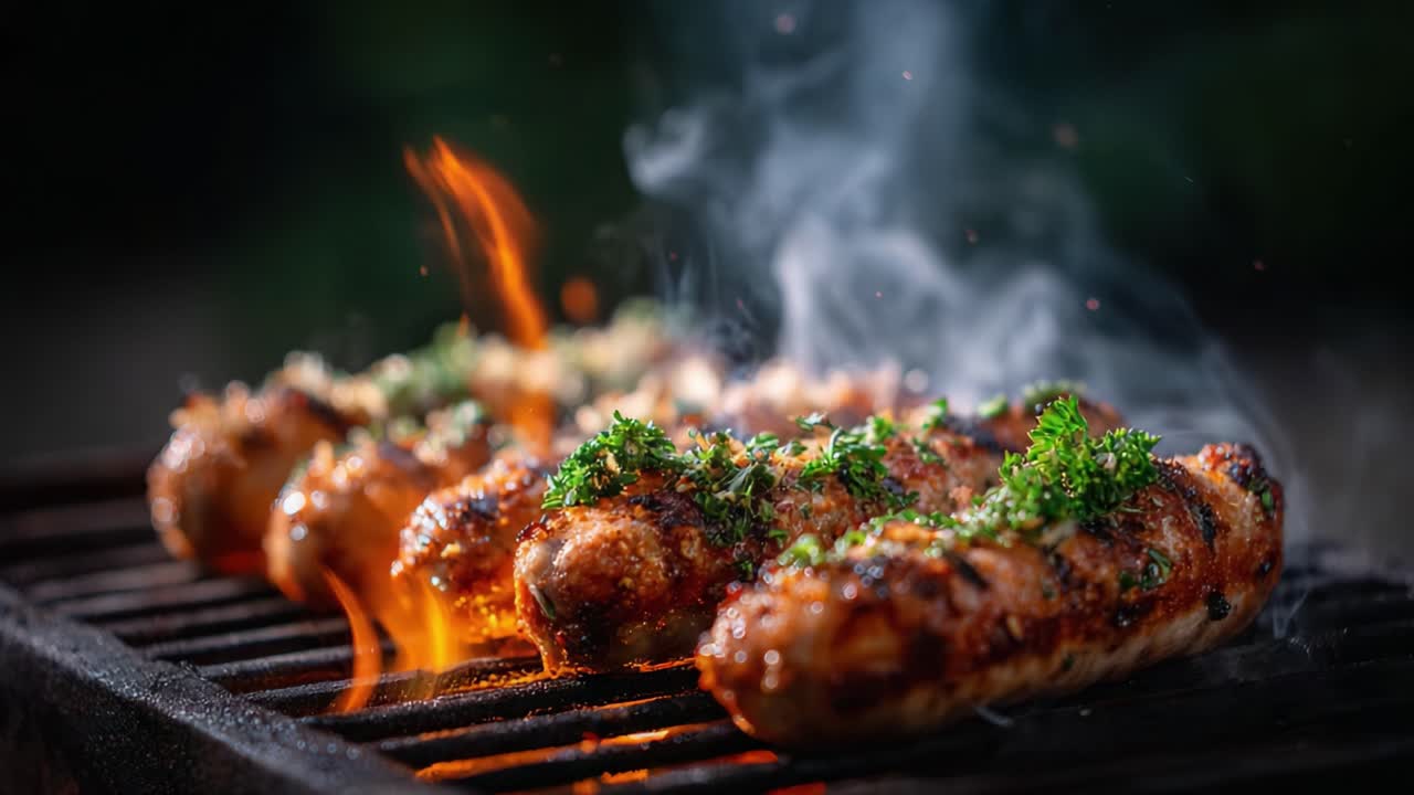 Grilling Savory Sausages Over Flames: A Close-Up Display of Juicy Meats with Fresh Herbs Amongst Smoke and Fire's Bright Dance