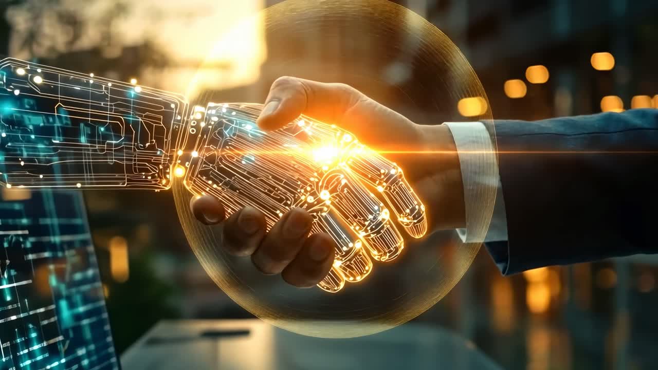 Futuristic video concept of AI-human collaboration. Close-up angle of a digital hand shaking a human