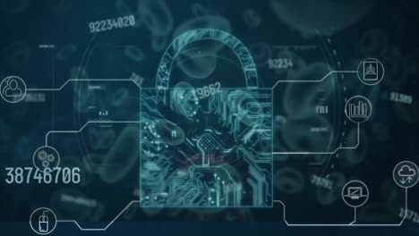 Covid-19-cell-over-security-padlock-icon-and-blood-vessels-against-multiple-changing-numbers