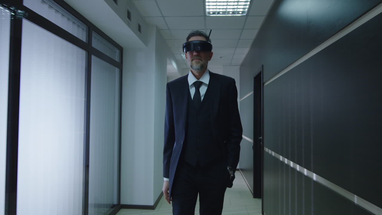 Businessman Wearing VR Headset in Office Corridor