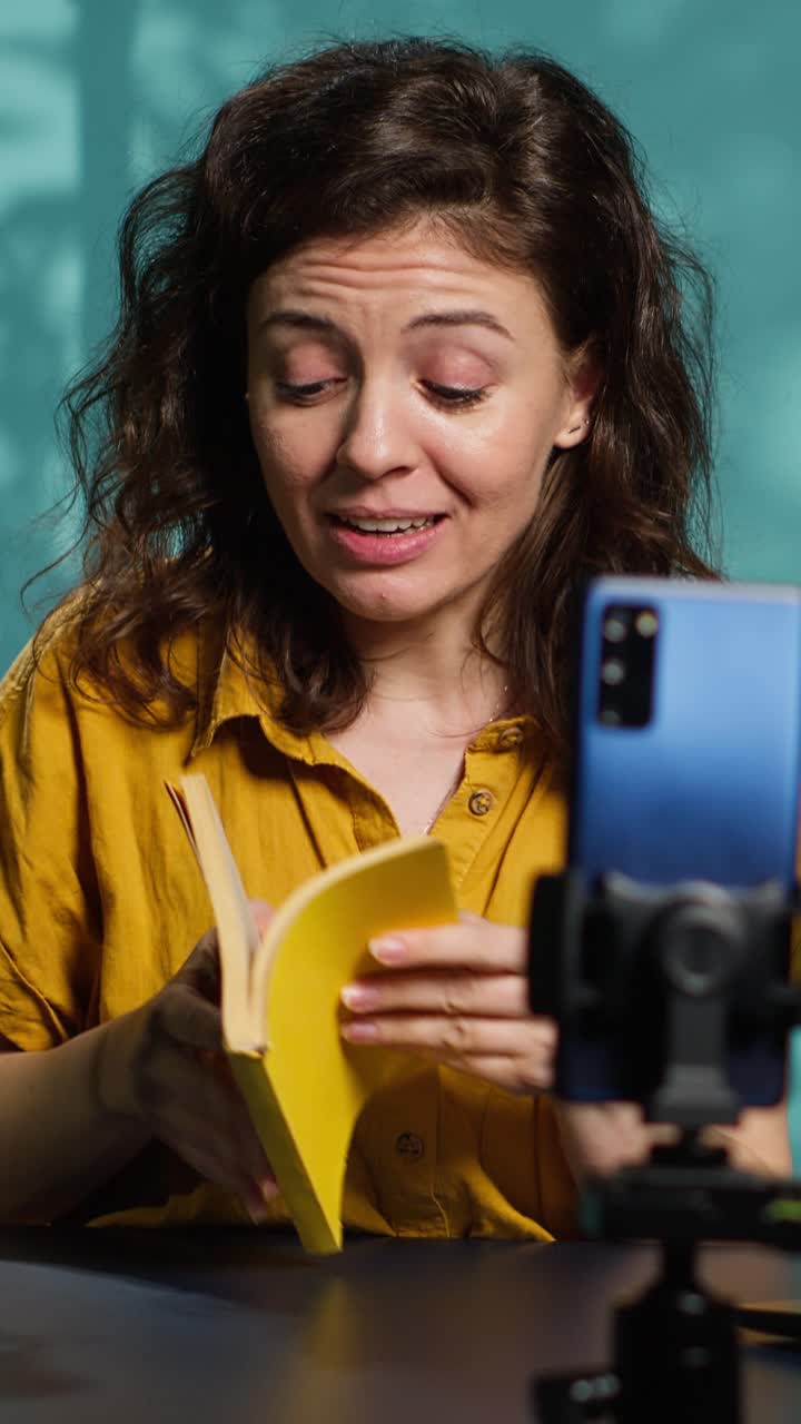 Una vlogger recensisce un libro giallo per un pubblico online