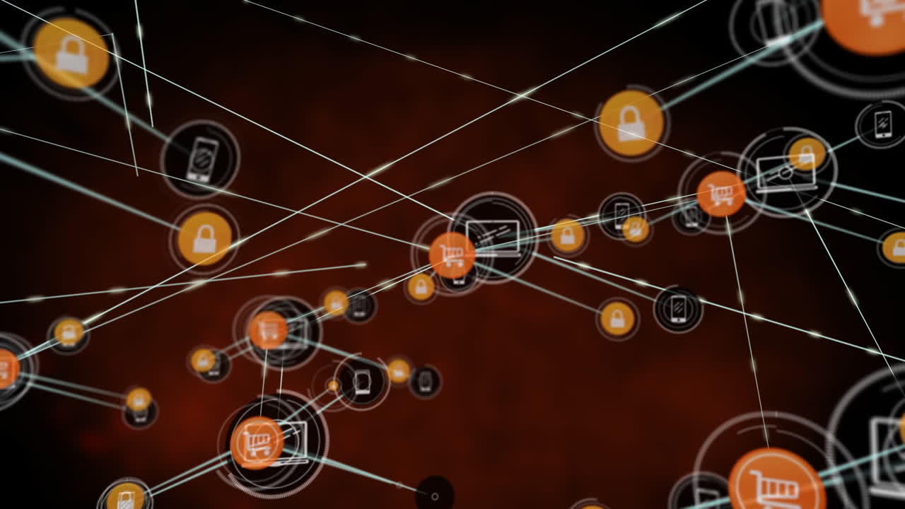 animación de una red de iconos digitales contra un fondo rojo