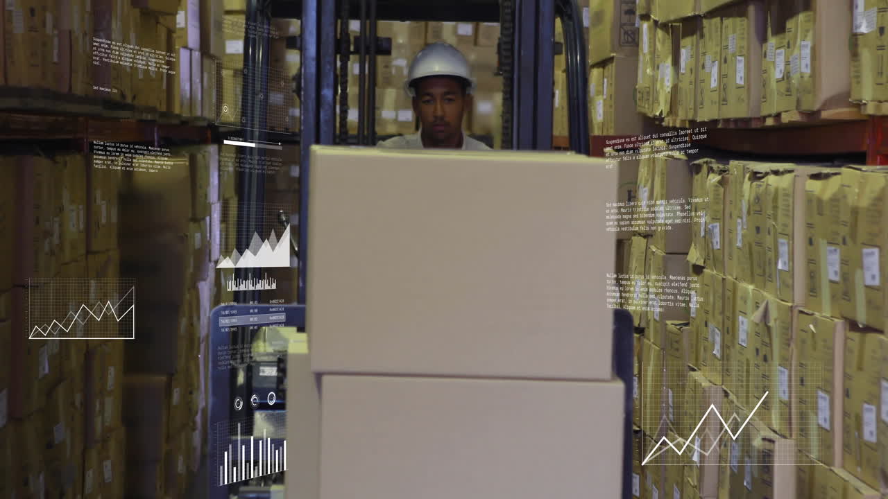 In warehouse, forklift operator moving boxes with data analytics animation overlay