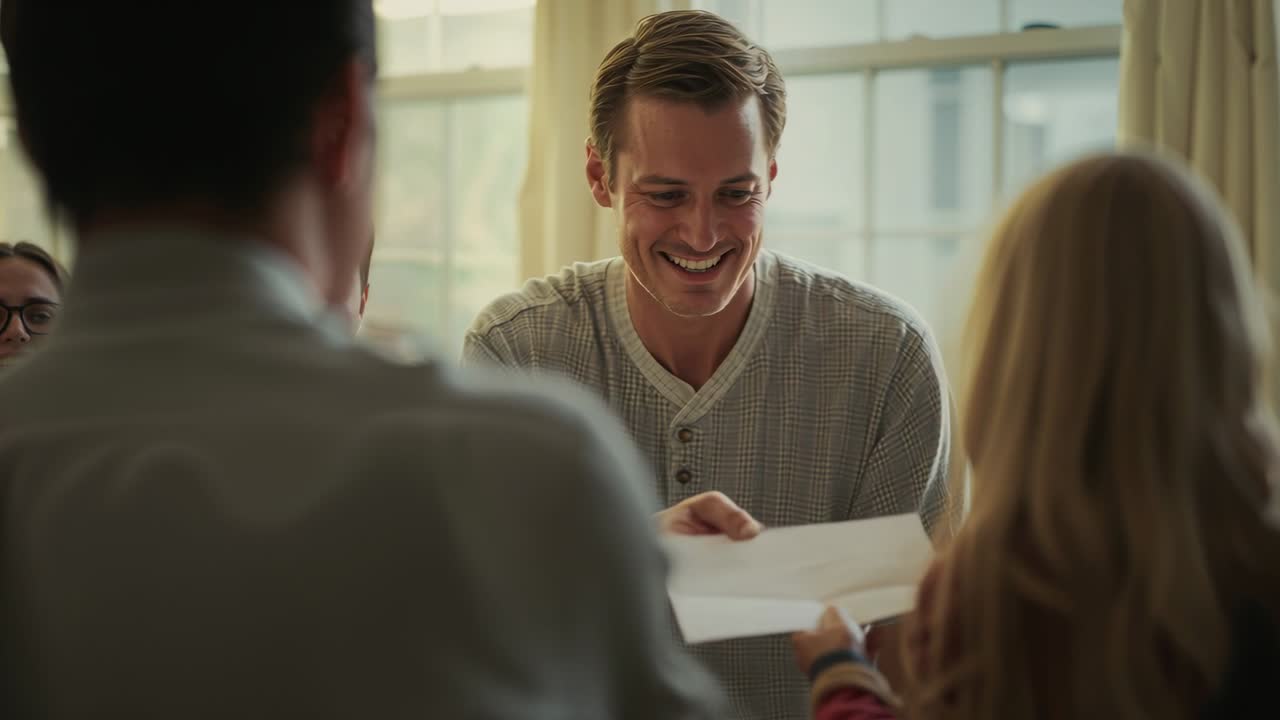 En lænende voksen mand tager imod papir, som et barn tilbyder ved et hjemmevindue, og deler tegningen med sin partner.