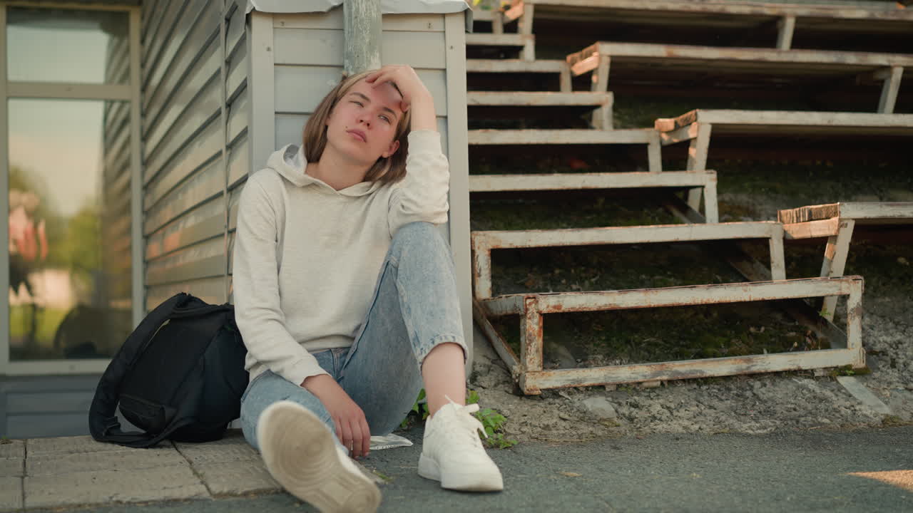 청바지를 입은 여자가 머리에 손을 고 앉아 있으며, 경기장 설정에서 사려 깊게 반사되고, 에 검은 가방이 있고, 뒤에 유리 문이 초록색을 반영하고, 배경에는 은 관중석이 있습니다.