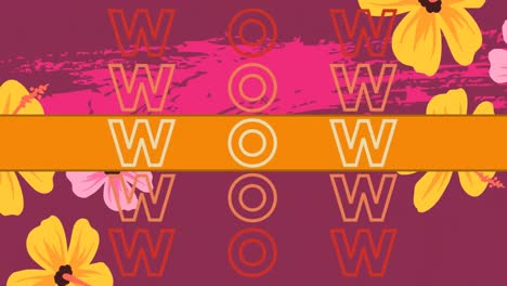 Animation-Von-Wow-Text,-Der-über-Blumen-Auf-Violettem-Hintergrund-Wiederholt-Wird