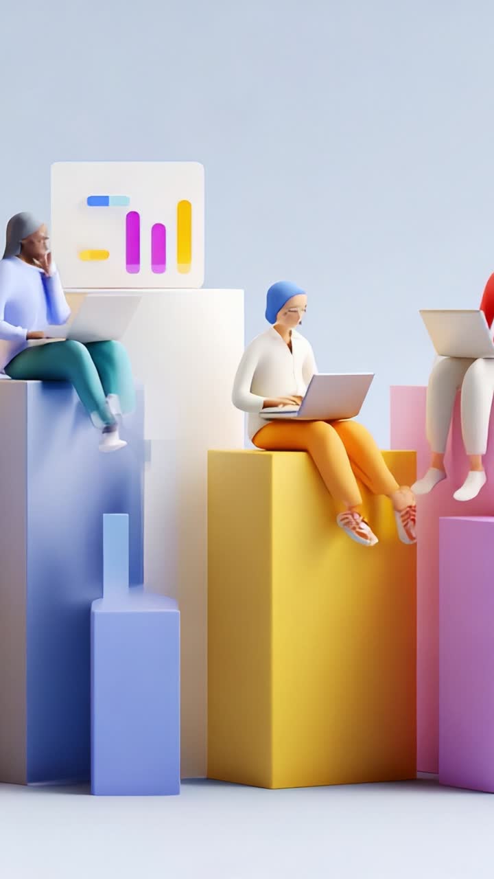Dynamic Group of Individuals Engaged in Digital Analytics atop Colorful Graphs, Representing Collaboration, Technology, and Modern Data Visualization Practices