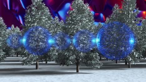 decoraciones de baubles azules colgando sobre varios árboles en el paisaje de invierno contra las ondas digitales