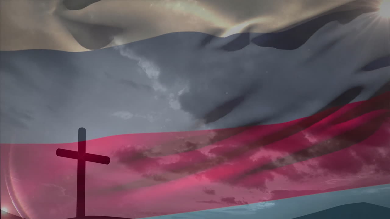 Russian flag overlay on cross silhouette against cloudy sky in animation style