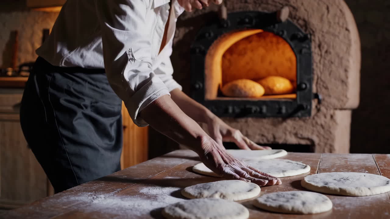 Woman Baking Flatbread in a Rustic Kitchen
