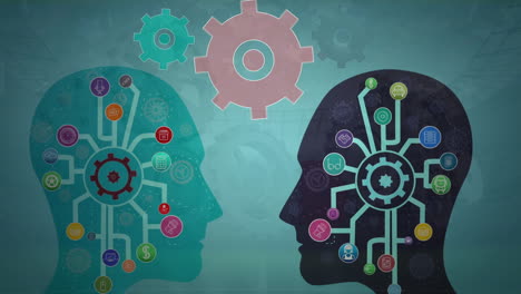 animation of human head models with gears on green background