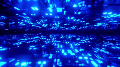 flight through hi-tech technology tunnel with camera shake. neon light and glass room, sci-fi constructions, 3d objects and hologram. fly through technology cyberspace. 3d almost looped 4k bg